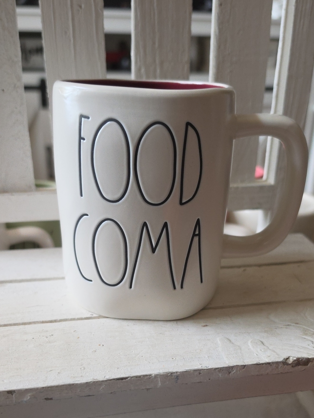 Food Coma White Ceramic Mug with Pink Interior